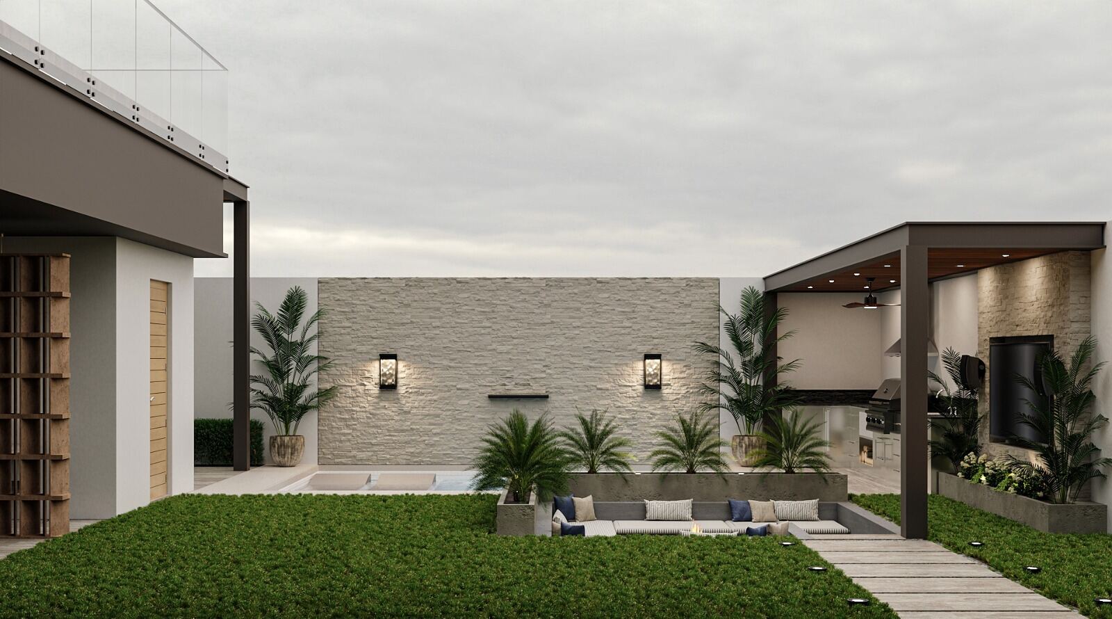 Patio con fogatero y cocina exterior